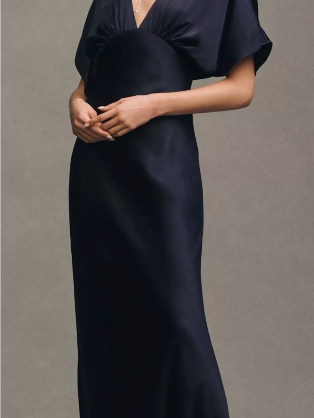 BHLDN Amelia Deep-V Flutter Sleeve Satin A-Line Gown in Dark Navy, Size 8